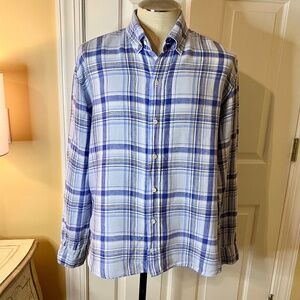 EUC Men's Ledbury Slim Fit Blue White Plaid 100% Linen Button Down Shirt Size XL